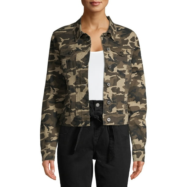 Womens Size 4 12 10 8 6 Stretch Denim Jacket Ladies Camo Army Jean Jackets Khaki